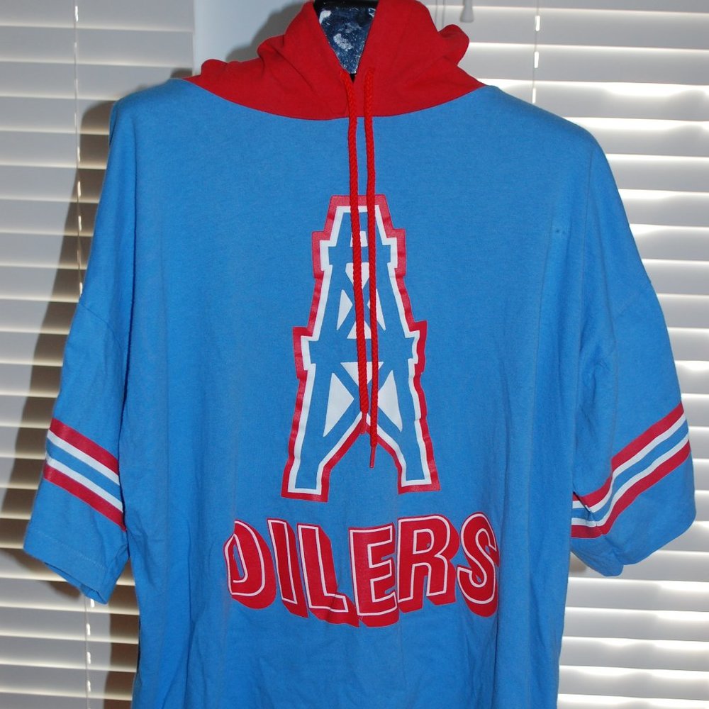 Vintage Houston Oilers Short Sleeve Hoodie Shirt With Spots & Cracking